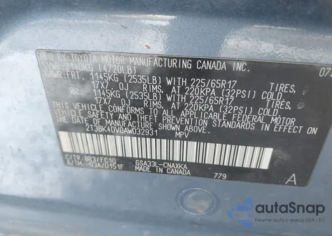 2010 Toyota Rav4 Base V6 z USA, uszkodzony, nr VIN 2T3BK4DV0AW032931